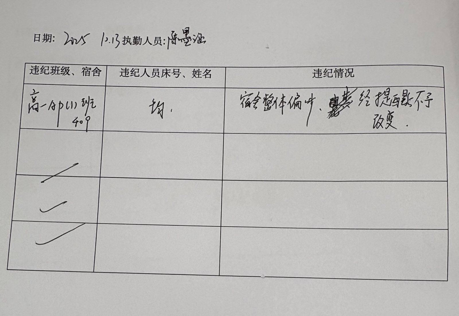 Handwritten dormitory record form dated 5 October 2025