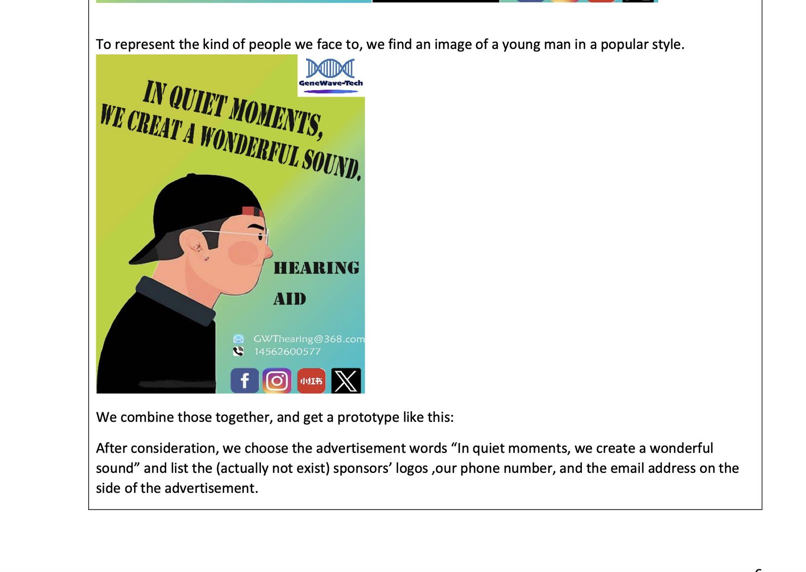 Finished full-page advertisement showing a young man wearing the hearing aid, headed In quiet moments we create a wonderful sound